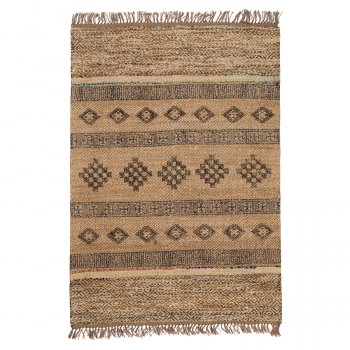 Blockprint Jute Rug with Wool and Recycled Sari - 120 x 180cm