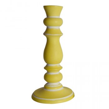 Hand Carved Mango Wood Candlestick - Yellow - 23cm