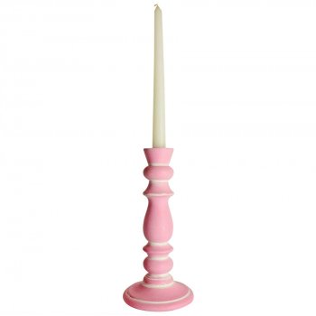 Hand Carved Mango Wood Candlestick - Pink - 23cm