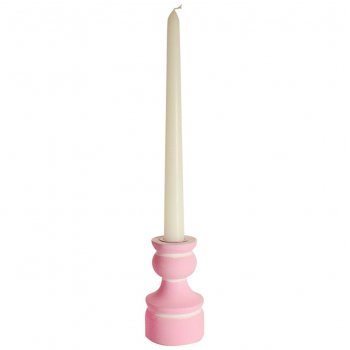 Hand Carved Mango Wood Candlestick - Pink - 10cm