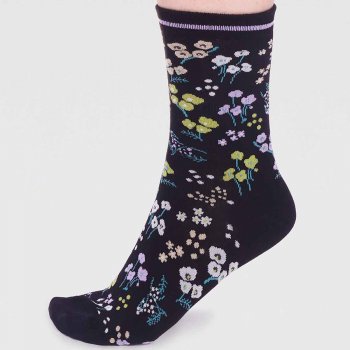Thought Laney Organic Cotton Floral Socks - Black - UK 4-7
