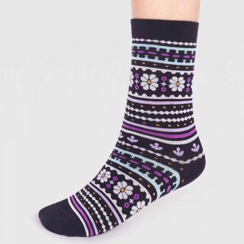Thought Waverly Organic Cotton Floral Socks - Black - UK 4-7