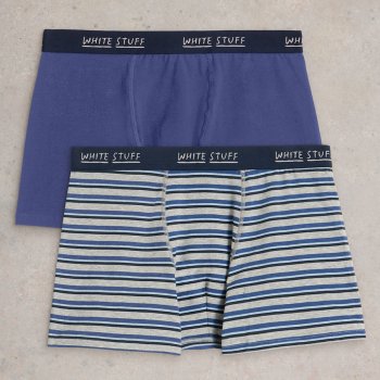 White Stuff Hove Stripe & Plain Organic Boxers - Navy - 2 Pairs