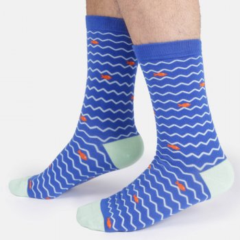Thought Wavy Sea Stripe Organic Cotton Crew Socks - Cobalt Blue - UK7-11