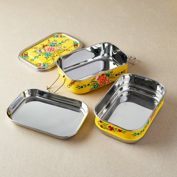 Dalit Hand-Painted Stainless Steel Tiffin-Style Lunchbox - Yellow Floral Garland