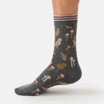 Thought Woodland Tales Bamboo Crew Socks - Grey Marl - UK 4-7