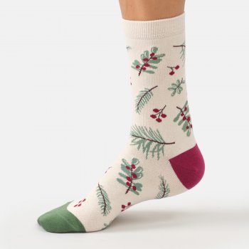 Thought Evergreen Berry Sprig Bamboo Crew Socks - White - UK 4-7
