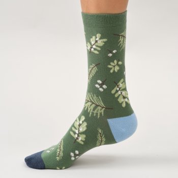 Thought Evergreen Berry Sprig Bamboo Crew Socks - Fern Green - UK 4-7