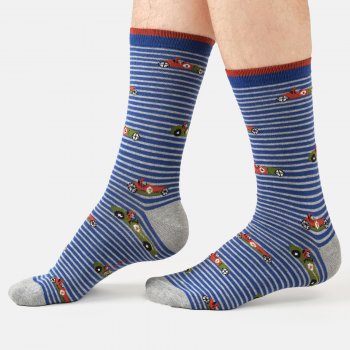 Thought Speedy Racing Cars Organic Cotton Crew Socks - Blue - UK 7-11