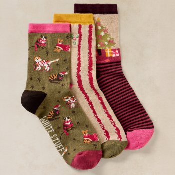 White Stuff Christmas Cat Organic Ankle Socks - Green - 3 Pairs