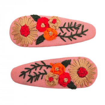 Embroidered Floral Hair Clips - Pink