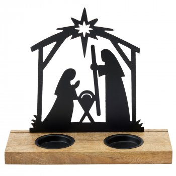 Metal Nativity Tealight Holder with Wooden Base - Small