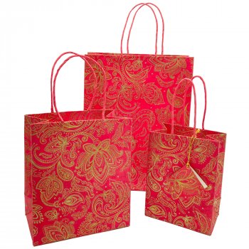 Fair Trade Red Paisley Lokta Gift Bags - Set of 3