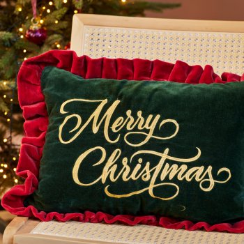 Merry Christmas Embroidered Velvet Cushion - Green - 50x35cm
