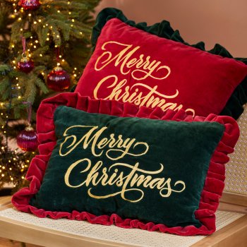 Merry Christmas Embroidered Velvet Cushion - Green - 50x35cm