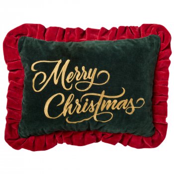 Merry Christmas Embroidered Velvet Cushion - Green - 50x35cm