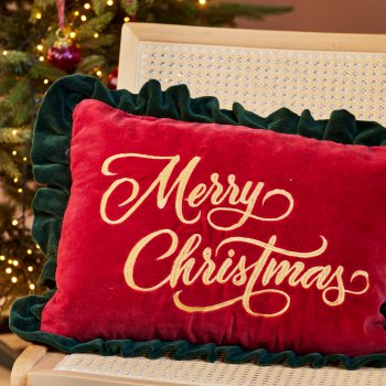 Merry Christmas Embroidered Velvet Cushion - Red - 50x35cm