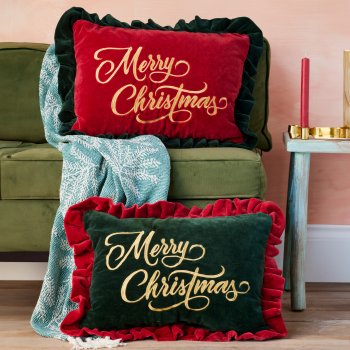 Merry Christmas Embroidered Velvet Cushion - Red - 50x35cm