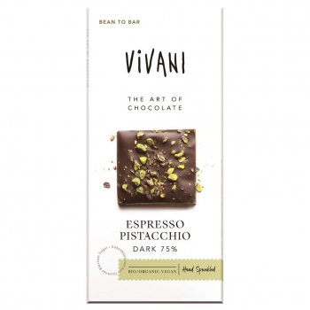 Vivani Organic 75 percent  Dark Chocolate with Espresso & Pistacchio 80g