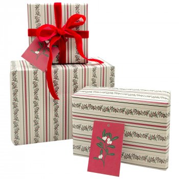 Recycled Wrapping Paper & Tags - Vintage Holly Stripe - Pack of 4